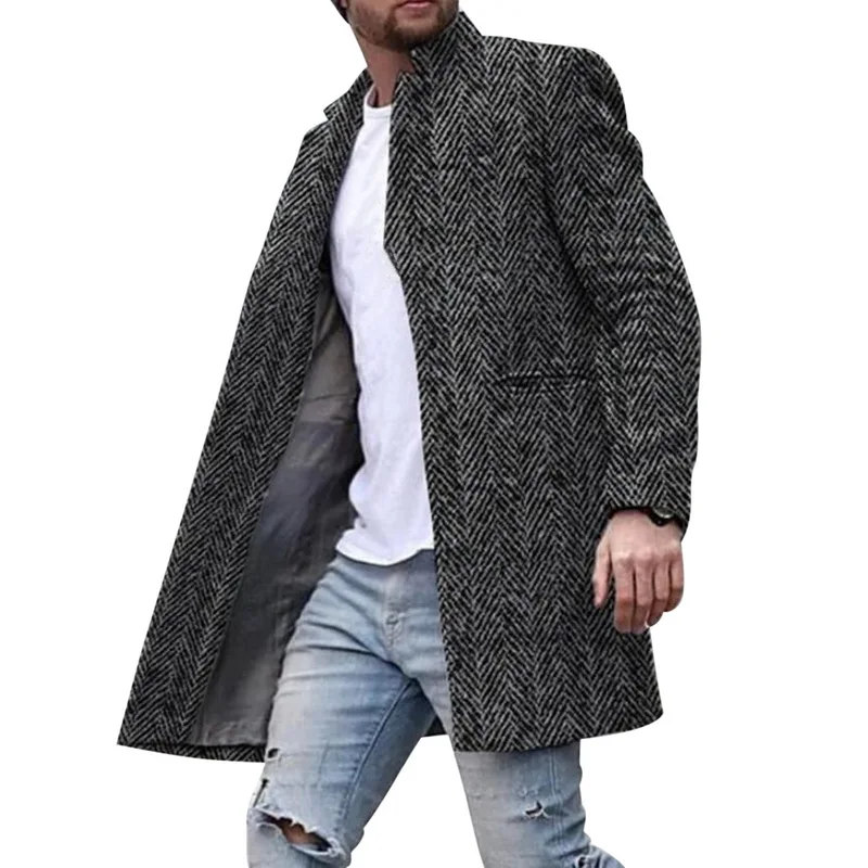 

New Men Long Woollen Wind Coat Winter Casual Breasted Mens Wool Overcoat Winter 2021 Houndstooth Jacket For Men
