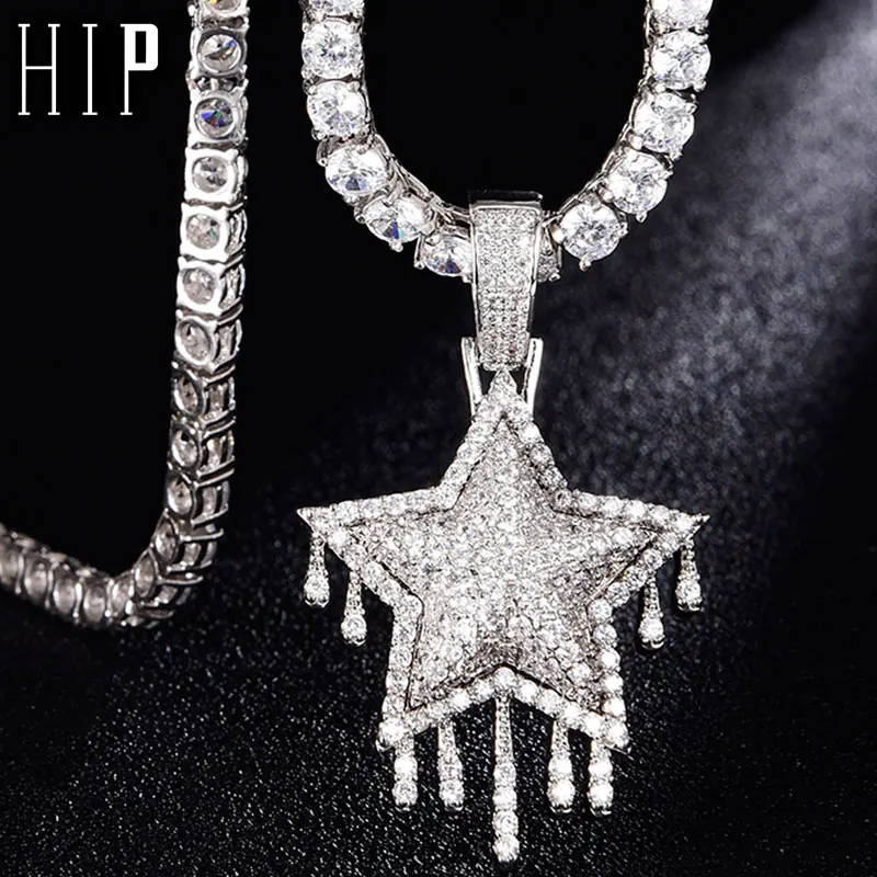 Хип-Хоп Bling CZ капельная звезда камни ледяной кубический циркон ожерелья и