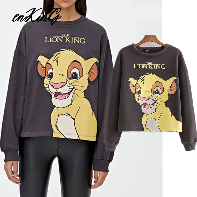 

2019 england style high street vintage lion cartoon printing o-neck oversize winter za hoodies women sweatshirt pullovers tops