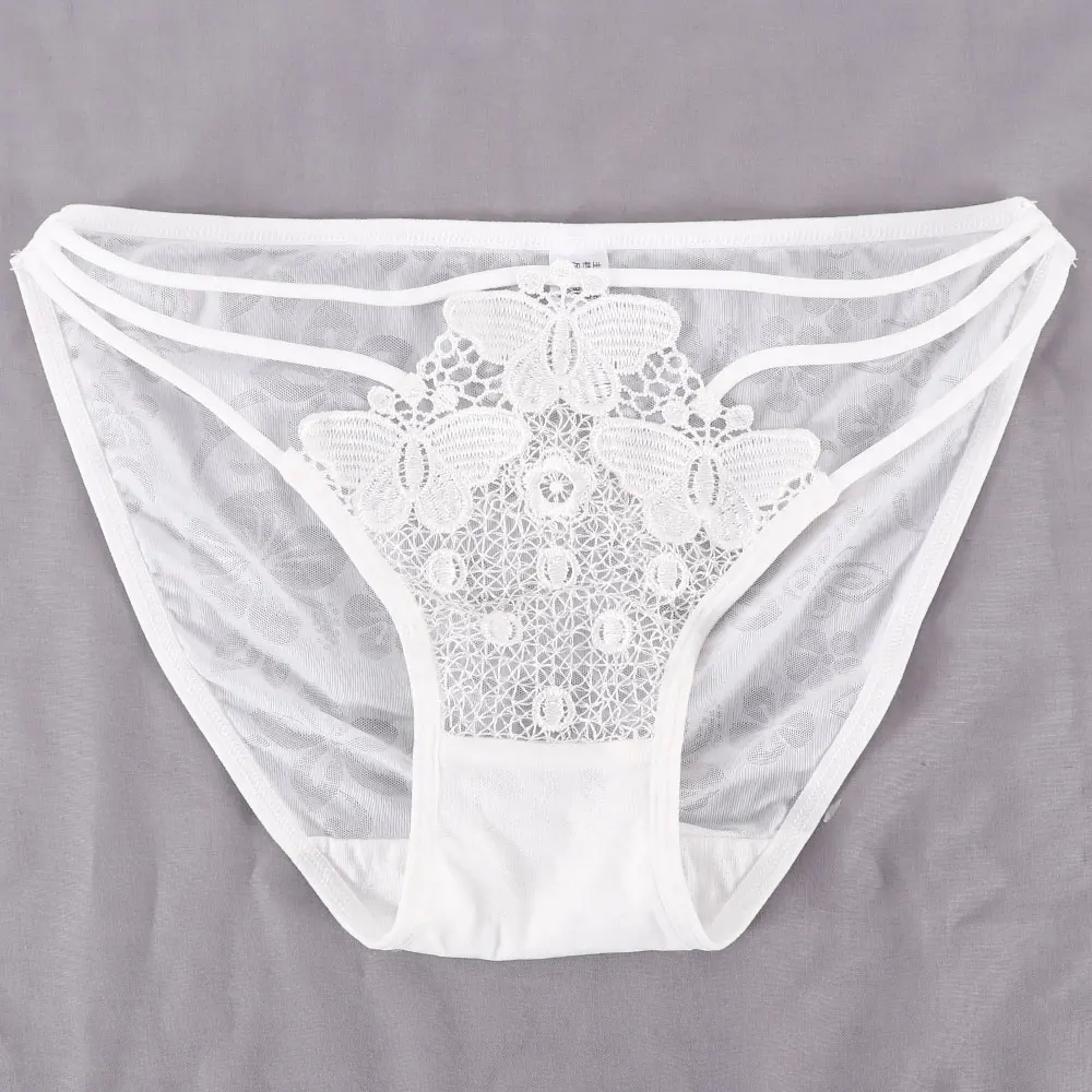 White Women Sexy Lace Panties G-string Thin Belt Embroidered butterfly Panties Thong Hollow Out Exotic Briefs Female Sexy Underwear - Color: White
