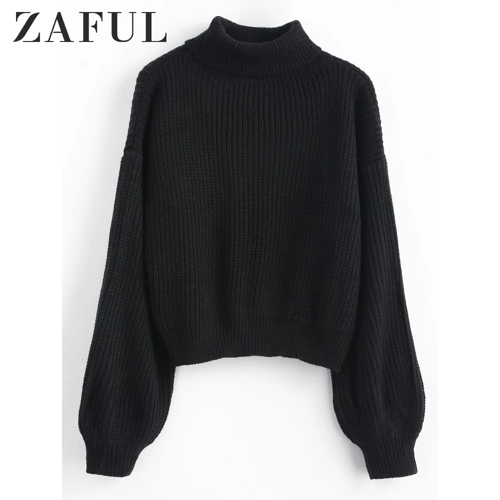 ZAFUL Women Autumn Turtleneck Lantern Sleeves Chunky Sweater Loose Cotton Solid Casual Ladies Tops Crop Basic Short Pullovers | Женская