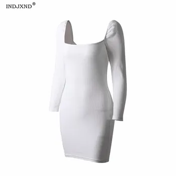 

INDJXND Autumn Long Sleeve Dress Women Square Neck High Waisted Bodycon Dress Ladies Party Club Clothes Elegant Fashion Vestidos