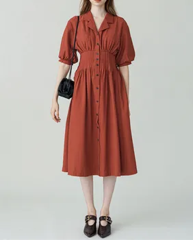 

Notched Women Pleated Midi Dress Summer High Waist Slim Single-breasted Robes Lantern Sleeve Female Split Long Dresses