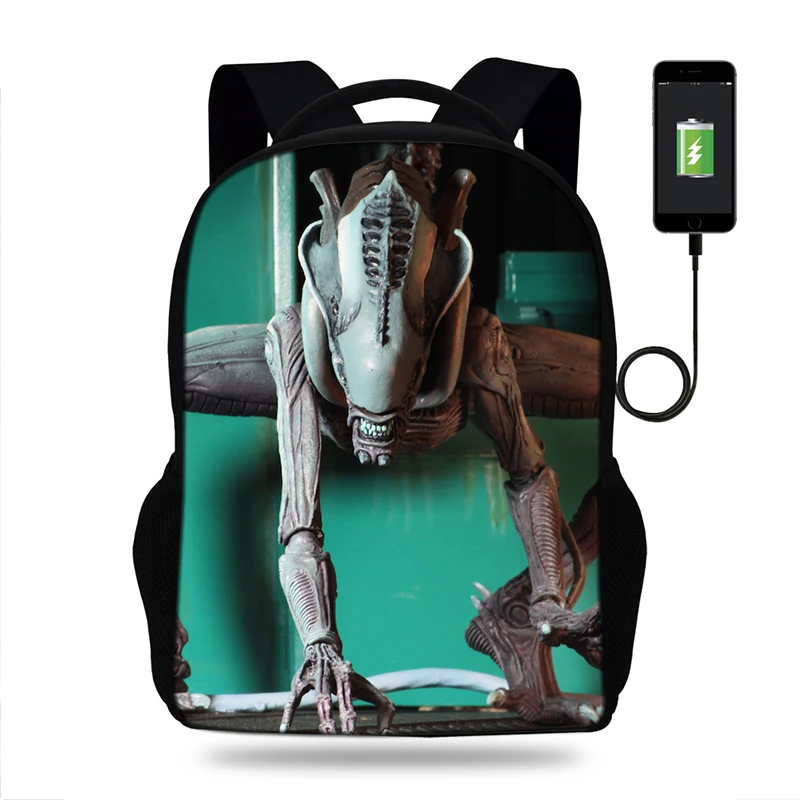 17 дюймовый рюкзак Alien vs. Predator с принтом для подростков мальчиков детей USB зарядное