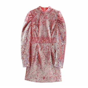 

Stylish Sexy Turtleneck sequined party dress women Long sleeve bodycon autumn winter female dresses pink party club mini dress