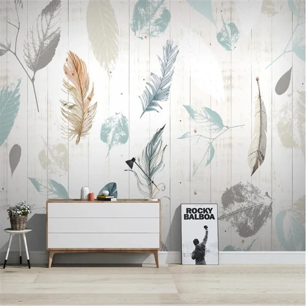 Milofi custom mural wallpaper Nordic plant leaf feather modern minimalist wood plank wood TV background wall wallpaper plank круизер feather