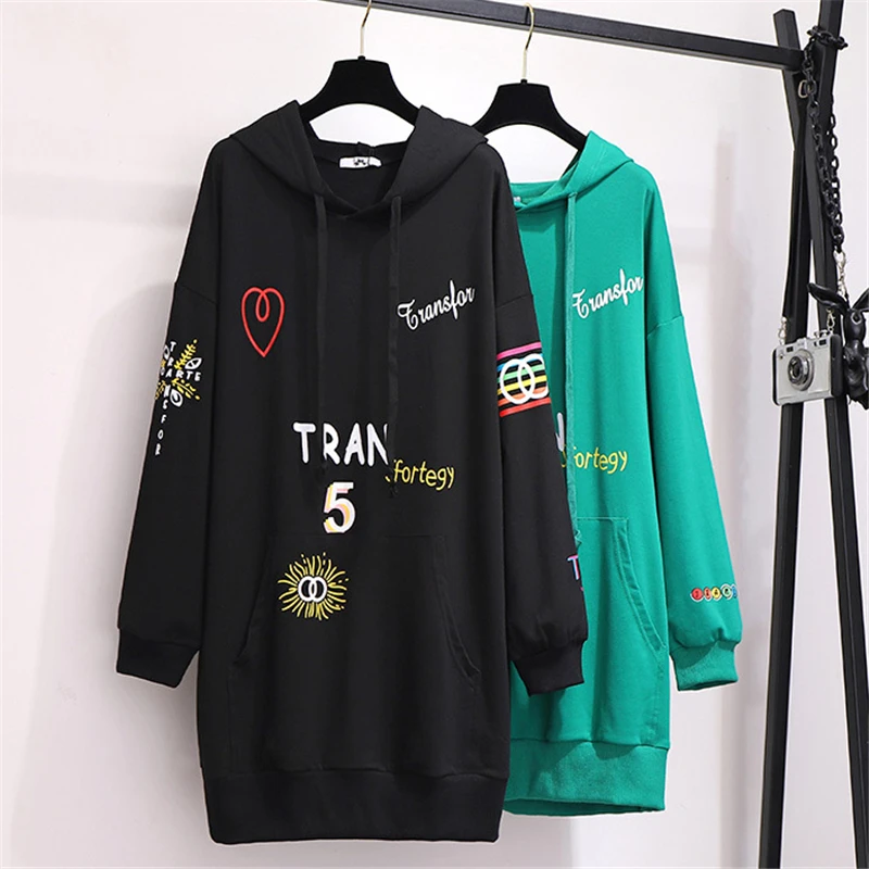 Sweatshirts Fashion Women Harajuku Pullovers Letters Tops Loose Green Black Long Hoodies Women Autumn Winter Coat Big Size 6XL
