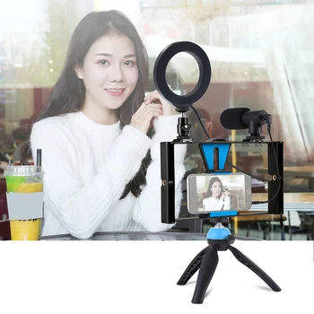 

4 in 1 Vlogging Live Broadcast Cell Phone Video Rig 4.6 inch Ring LED Selfie Lamp Kits with Microphone Tripod