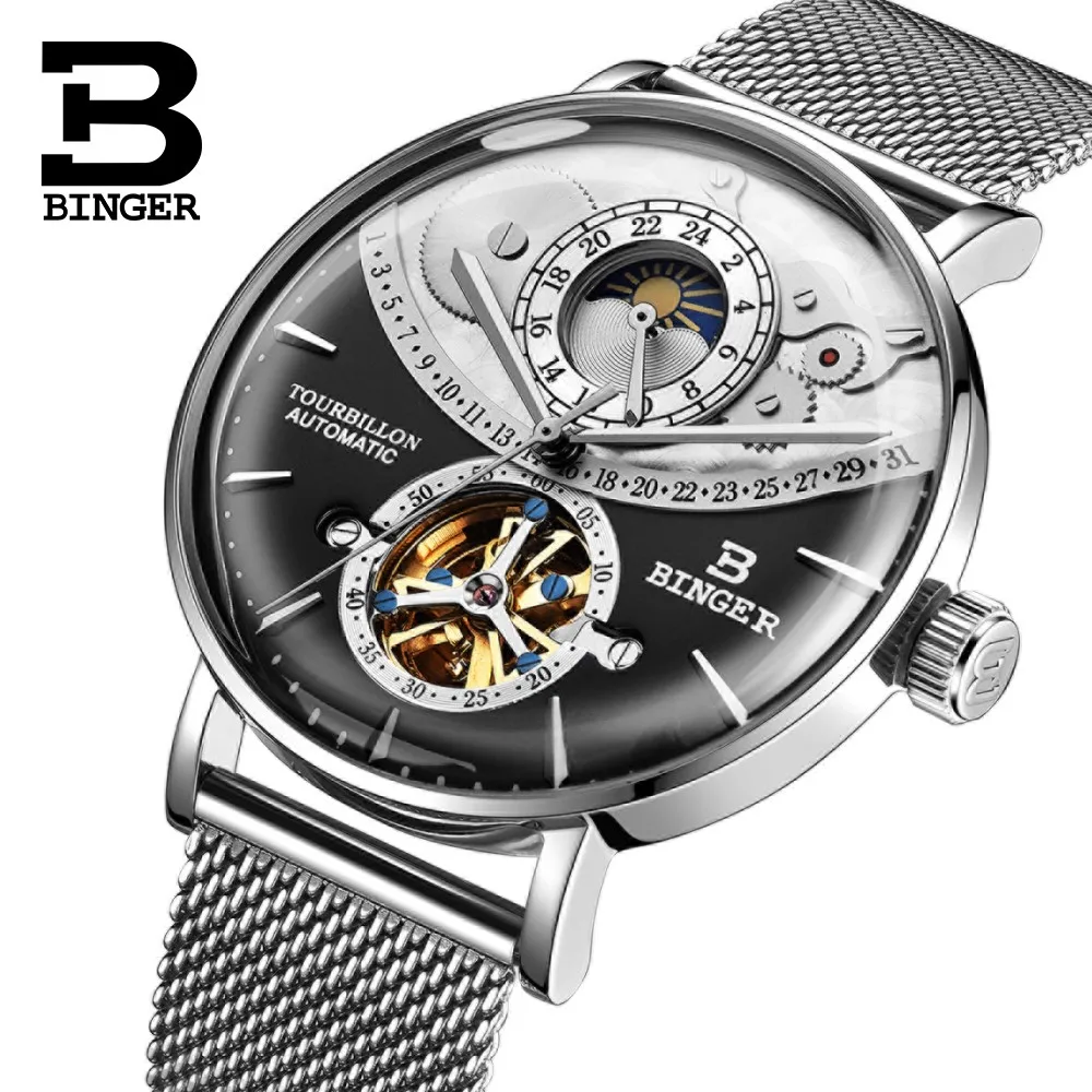 Tourbillon Бингер мужские часы Лидирующий бренд Роскошные модные механические часы Мужские автоматические водонепроницаемые сапфировые спортивные часы со скелетом