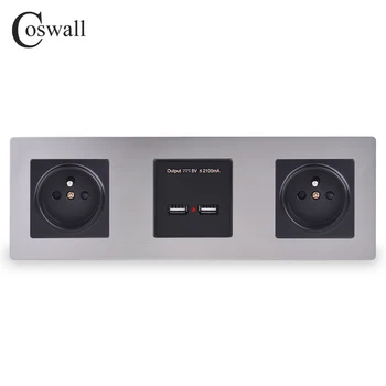 

COSWALL Wall Stainless Steel Panel Double Socket French Standard Outlet Dual USB Smart Charging Port 5V 2A Output Black Color