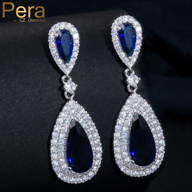 Серьги гвоздики женские длинные из синего золота с фианитами в форме капли|blue stone