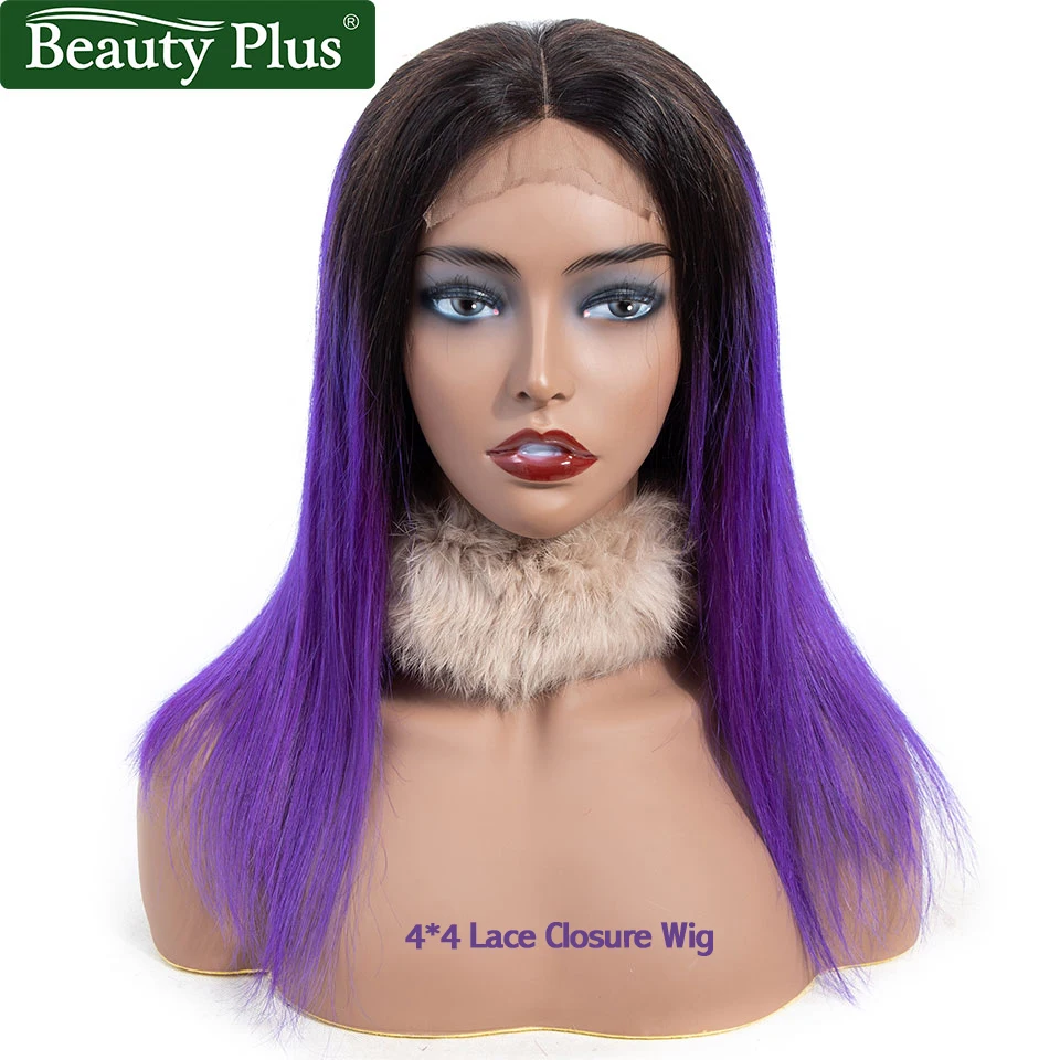 

Straight Lace Closure Wig 4X4 inch Ombre Human Hair Wigs for Women Dark Roots Brazilian Remy Hair Short 1b/Purple Beauty Plus