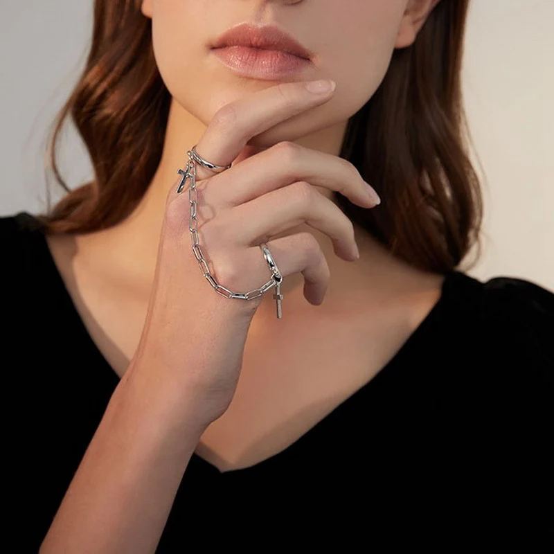 Men Punk Silver Color Plated Cross Chain Ring For Women Trendy Hip Hop Finger Knuckle Adjustable Jewelry Accessories Gift Anillo finger ring chain ring silver ring adjustable rings jewelry accessories