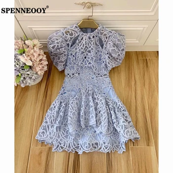 

SPENNEOOY Designer Custom Runway Summer Female Solid Hollow Out Embroidery Mini Dress Ladies Puff Sleeve Ruffles Boho Dresses