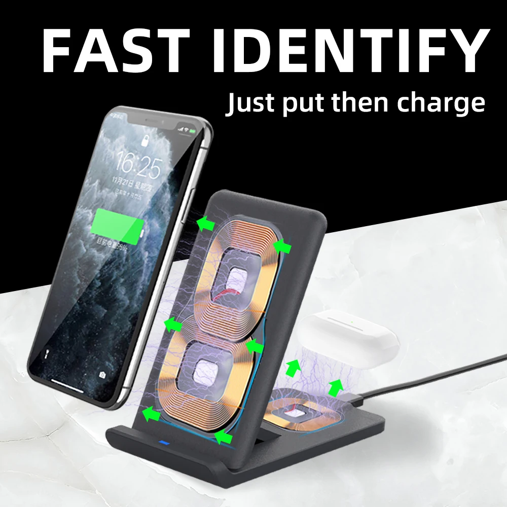 Ican15W быстрая Беспроводная зарядная площадка для телефона и наушников складной