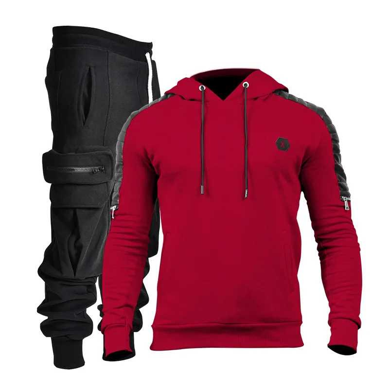 

Autumn Winter men sets hooded Casual Hoodies+sweatpants men Splicing Fleece fashion jogging man tracksuits men's sports suit