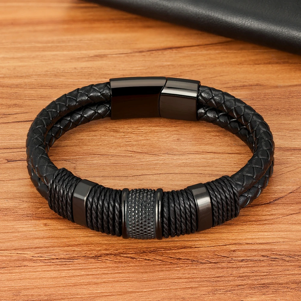 TYO Punk Rope Wrap Stainless Steel Men's Leather Bracelets