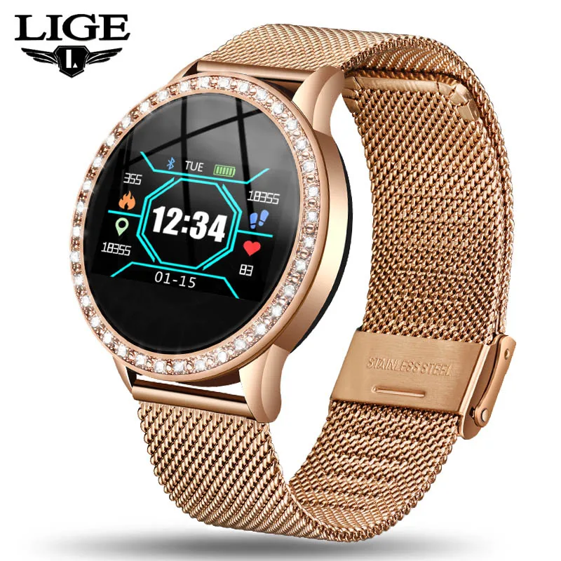 Rose gold LIGE, новые мужские и женские Смарт-часы, пульсометр, измеритель артериального давления, информация, напоминание, фитнес-трекер, умный браслет, шагомер - Цвет: Rose gold