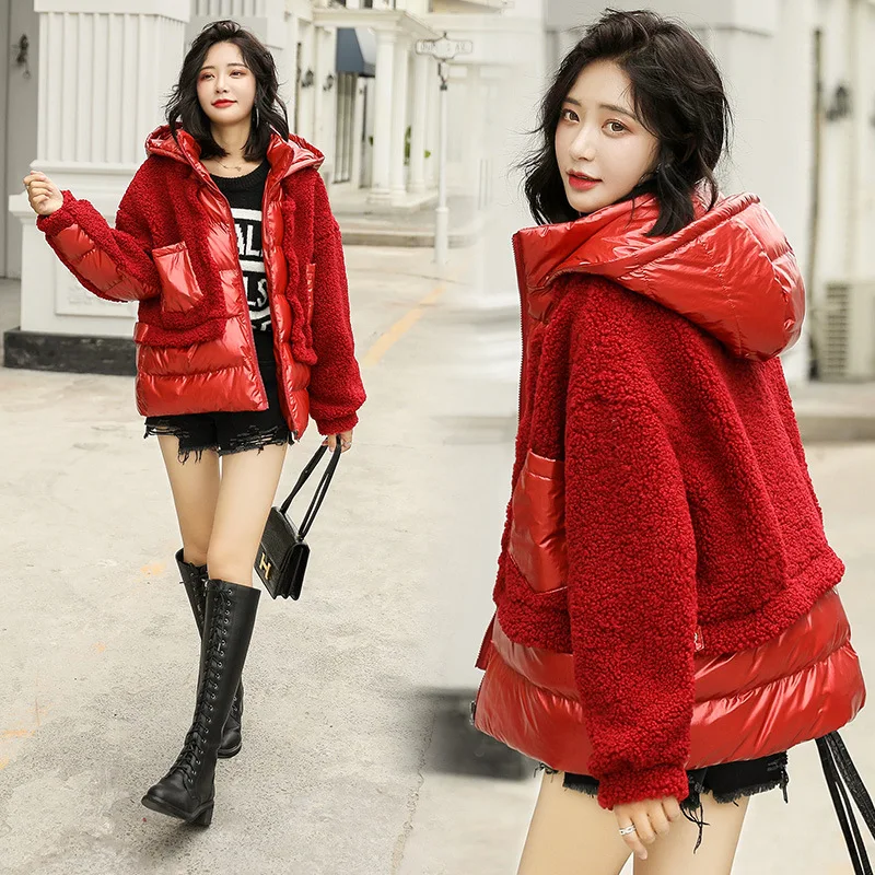Lambs Wool Joint Short Bread Cotton Coat Winter New Style Korean-style Loose Fashion WOMEN'S Dress ke li rong Cotton-padded