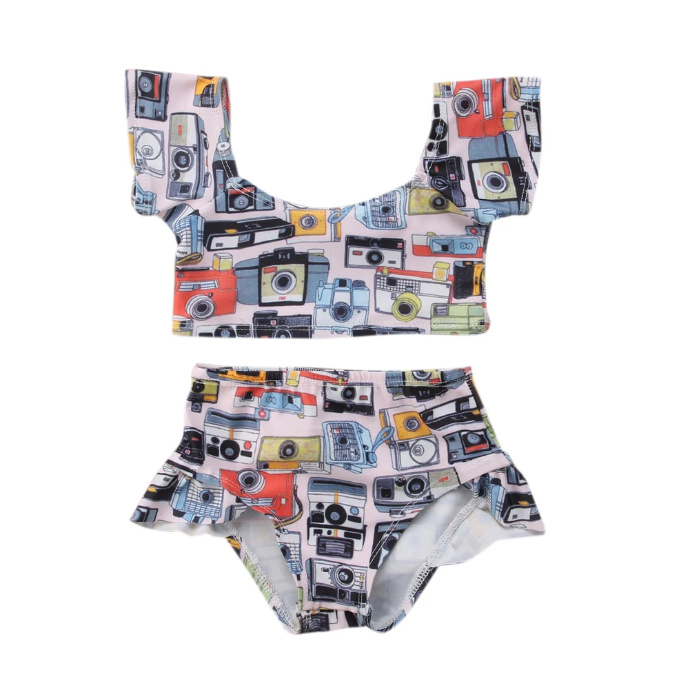 

2020 New Summer Girls Swimming Costume Two Piece Swimsuit Camera Print Ruffles Swim Trunks Bathing Suit Set