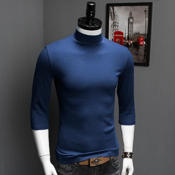 

Cotton Men Three Mercerized Quarter Sleeve T-shirt Modal Half High Collar Solid Color Tshirt Autumn Fashion Tops