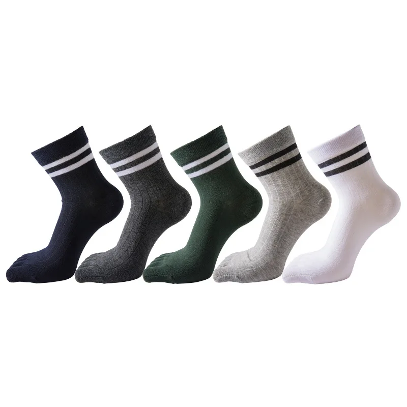 

5 Pairs Plain Five Fingers Socks for Men Mid Calf Striped Cotton Breathable Sports Toe Socks with Two Bars Sox