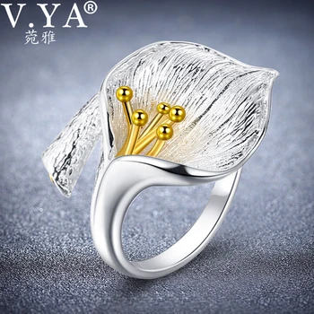 

V.YA Adjustable Flower Lily Floral Rings For Women Female 925 Sterling Silver Ring Jewelry Accessories High Quality
