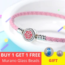 Аутентичный 925 пробы серебряный розовый цветок с красной эмалью кожаный браслет подходит для женщин шарик шарм браслет подарок DIY ювелирные изделия