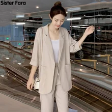 Aliexpress - Sister Fara New Spring 2021 Single Button Half Sleeve Blazers Coat Woman+Drawstring Ankle-Length Pants Office Lady 2 Piece Set