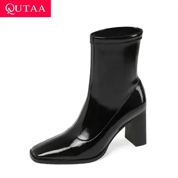 

QUTAA 2021 Patent Leather Ankle Boots Fashion Square High Heel Slip on Women Shoes Autumn Winter Square Toe Short Boot Size34-39