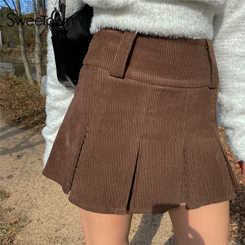 Sweetown-minifalda plisada Vintage de pana para mujer, falda de cintura alta, ropa Kawaii de los 90, Y2K