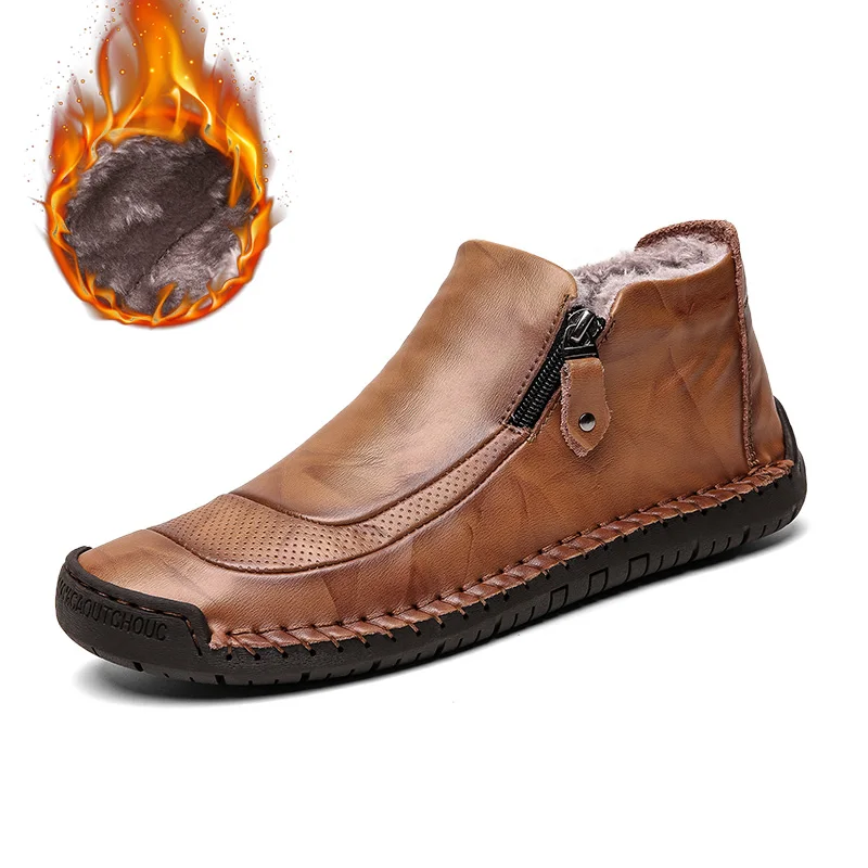2019  Men Flat Loafers High Top Plush Winter Snow Boot For Men Moccasins Classic Split Leather Walking Shoes Wedding Driver Shoe