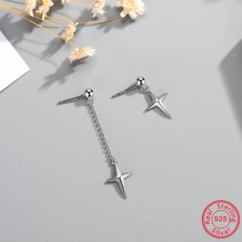 

ZS Asymmetric Cross Drop Earring For Women 925 Sterling Silver Chain Dangle Earring Long Chain Hang Earring Silver Jewelry Gifts
