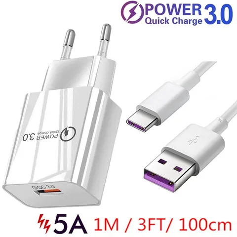 5A Fast Charger QC 3.0 USB Charger Quick Charge Type C Cable for Huawei Samsung Xiaomi Redmi Google Pixel 6 Pro EU US Plug