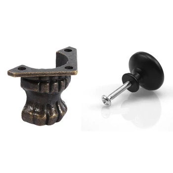 

40 Pcs Accessories: 20 Pcs Wood Box Legs Feet Metal Corner Protector & 20 Pcs Black Door Knob Furniture Handle 29Mm