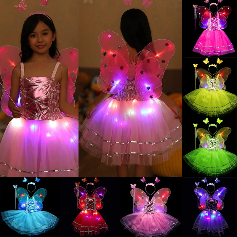 4Pcs/set Kids Girls Fairy Party Flashing Costume Set Sleeveless LED Tutu Dress Butterfly Glow Wing Wind Headband Stage Dancewear