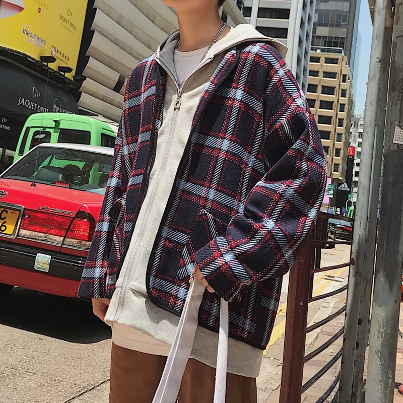 

Winter Woolen Coat Men's Fashion Casual Tartan Woolen Jacket Man Streetwear Wild Loose Fake Two-piece Hooded Jacket Male