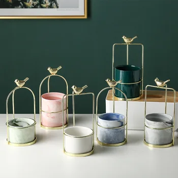 

Nordic Style Creative Vase Succulents Plants Pots Iron Frame Gold-plated Bird Cage Ceramic Flower Pot Desktop Vases for Wedding