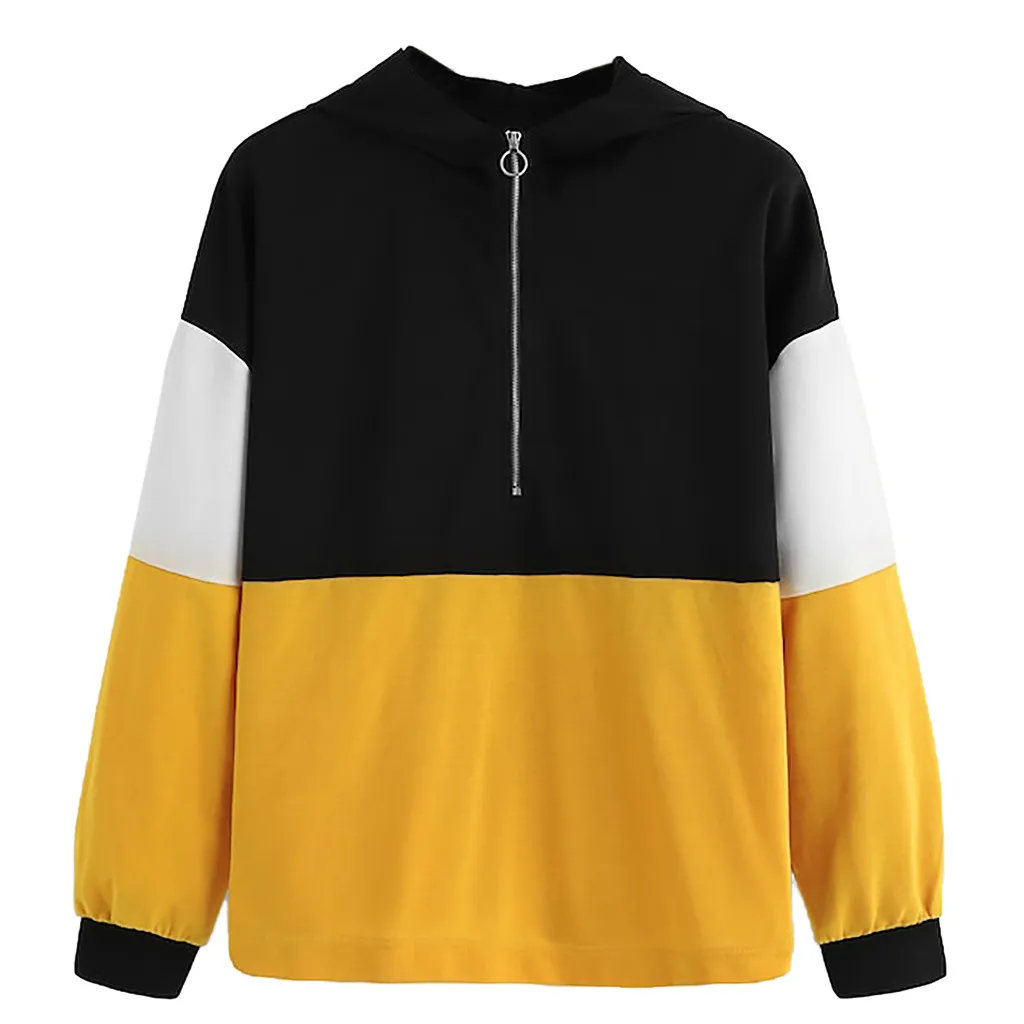 JAYCOSIN Fashion Women Zipper Hoodie Color Block Sweatshirt Casual Simple Loose O-Neck Comfortable Soft Jumper Blouse