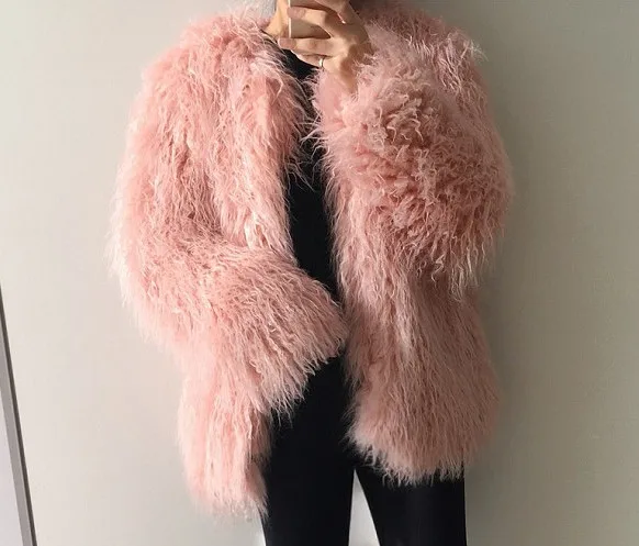 pink Новинка, Женское пальто из искусственного меха розового цвета, Модное Длинное меховое пальто из монгольской овцы, верхняя одежда, JN914 - Цвет: pink