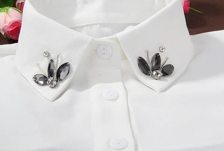 Новая мода воды дрель кристалл женщин белый накладной воротник от рубашки ожерелья шифон кончик воротник поддельные воротник женская блузка