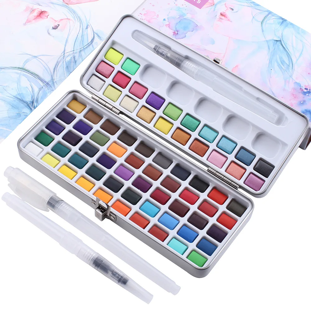 

72 Colors Solid Watercolor Pigment Set Box with 3Pcs Water Brush Pen Portable Water Color Pigment for Drawing Art Supplies