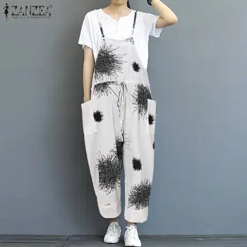 

ZANZEA Women Printed Jumpsuits 2020 Summer Cotton Long Suspender Overalls Wide Leg Pants Rompers Playsuits Combinaison Femme 5XL