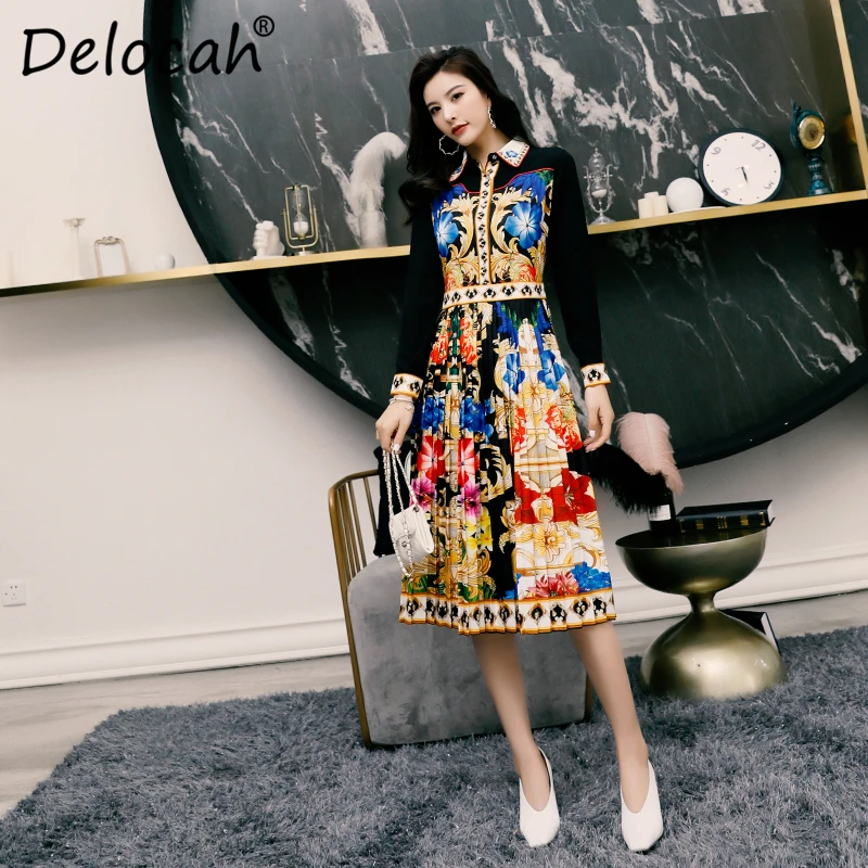Delocah, женское платье, весна-лето, подиумное, модное, дизайнерское, с длинным рукавом, простое, на пуговицах, с принтом, элегантное, плиссированное, женские платья
