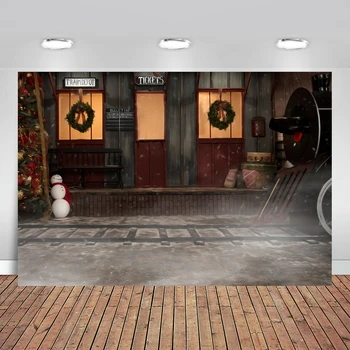 

Winter Holiday Train Depot with Snowman Tracks Christmas Backdrop Christmas Decorations for Home Photo Background Photo Shoot