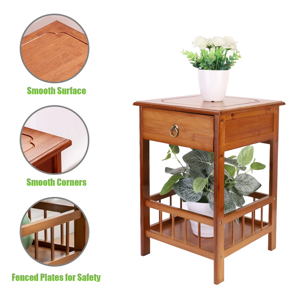 Bamboo Bedside Table with Drawer Bedroom Nightstand Plant Storage Shelving Unit - 5
