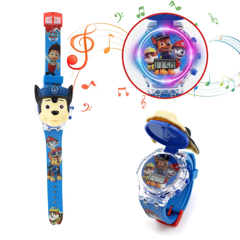 Cartoons Paw patrol Children's watch boy Chase flash luminous music flip baby Toy Birthday gift | Наручные часы