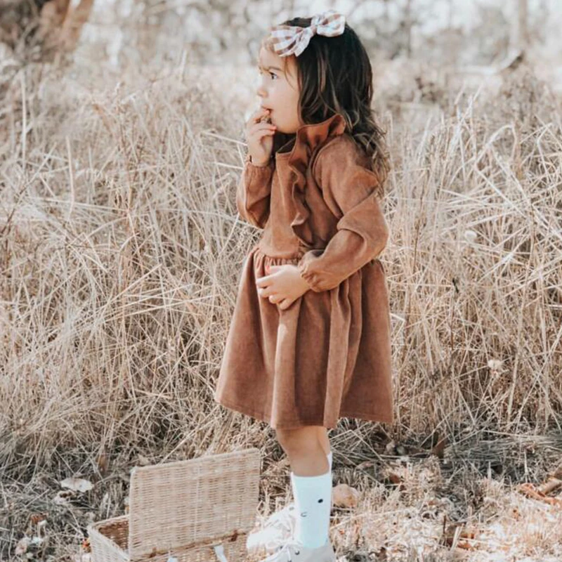 Г. Осенне-зимнее платье для маленьких девочек Хлопковое платье принцессы с оборками и длинными рукавами детское вельветовое Плиссированное Модное детское платье
