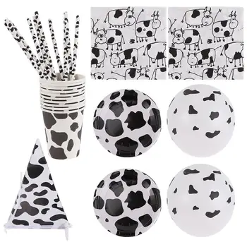 

71pcs Cow Theme Disposable Tableware Paper Cup Plates Napkins Set Cute Printing Balloons and Pennant Dinnerware Straw Set