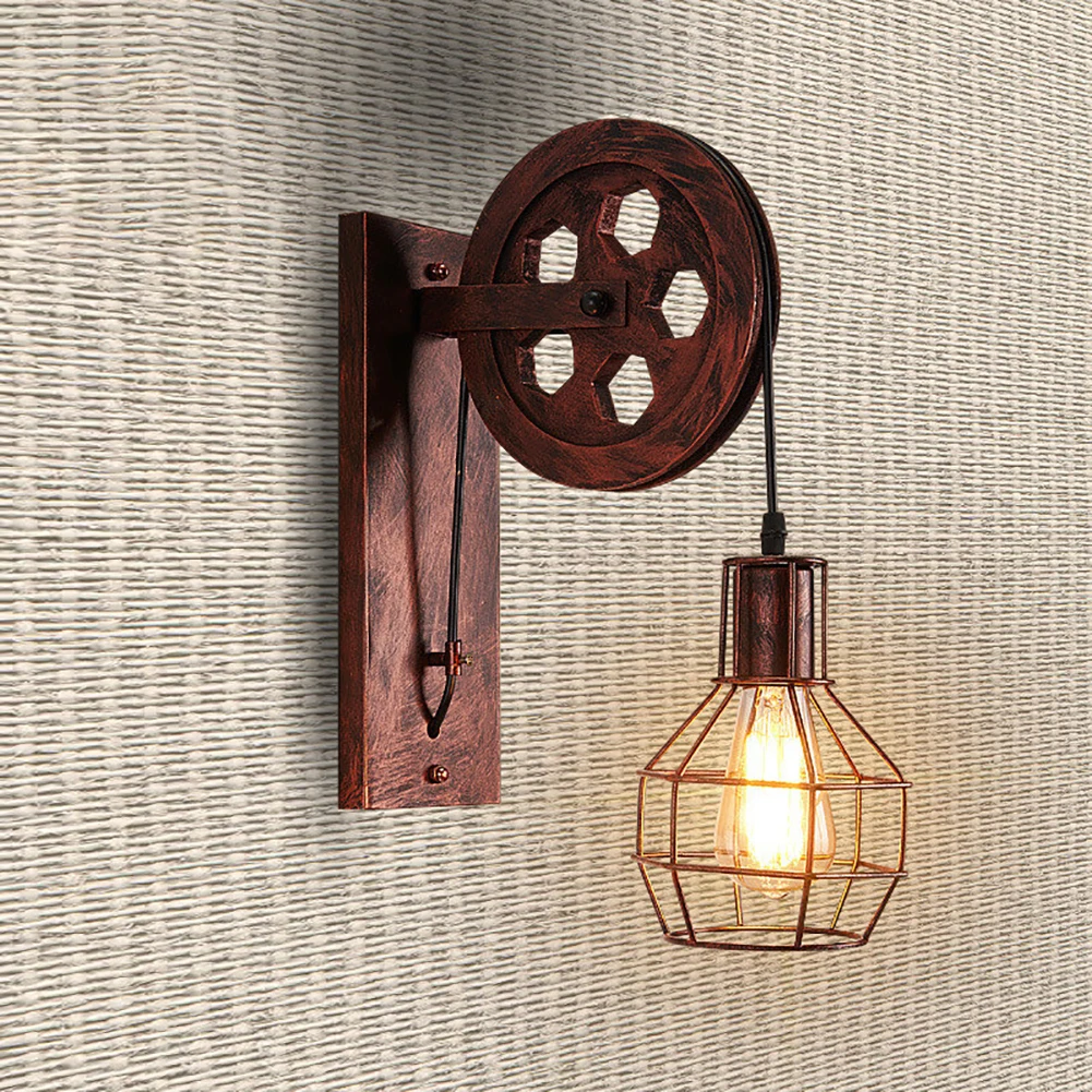 

Lantern Fixtures Indoor Lighting Wall Lamp Rustic Sconce Light Restaurant Lifting Pulley E27 Retro Industrial Cafe Adjustable